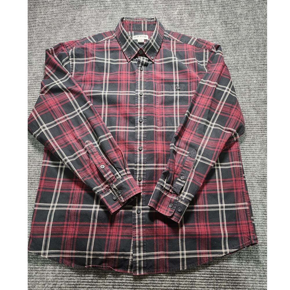 Orvis Classic Collection Mens XL Red Black Plaid Twill Button Down Shirt